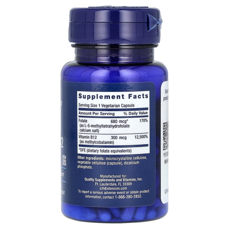 Life Extension Folate & Vitamin B12 Vegetarian Capsules, 90 Count