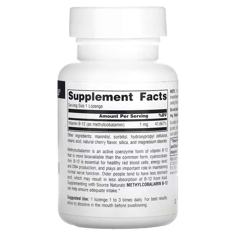 Source Naturals MethylCobalamin Vitamin B12 Cherry, 1 mg, 120 Lozenges