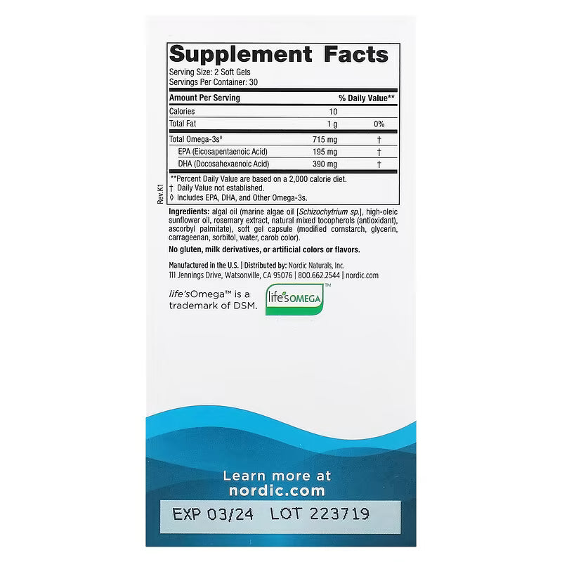 Nordic Naturals Algae Omega 715mg Omega 3, 60 softgels