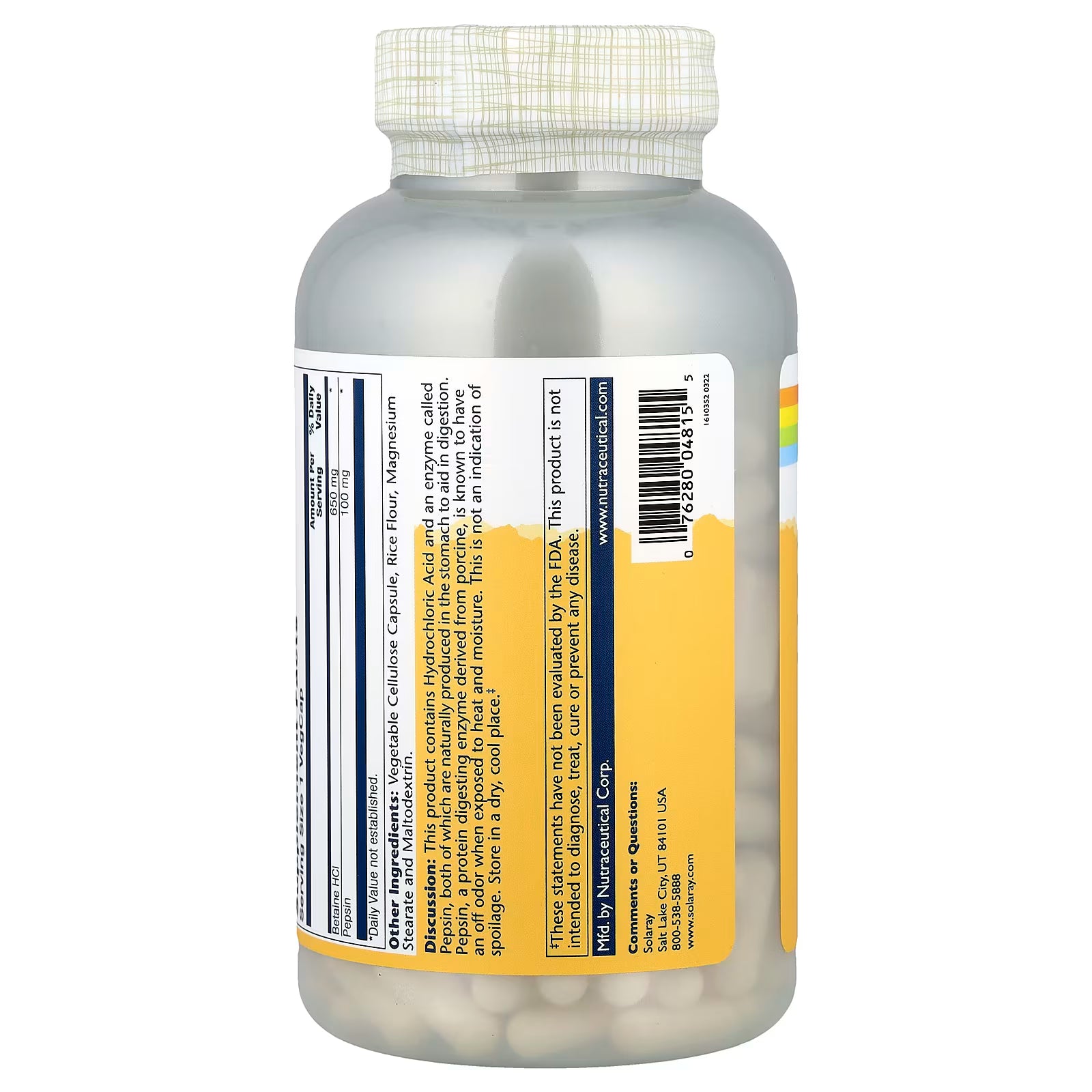 Solaray Betaine HCL + Pepsin 650 mg 250 VegCaps