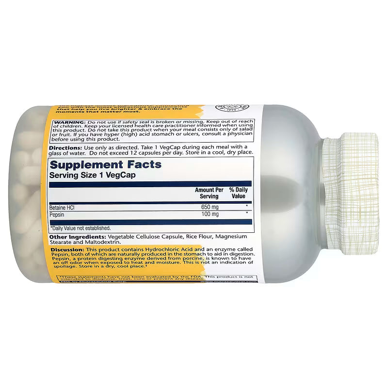 Solaray Betaine HCL + Pepsin 650 mg 250 VegCaps
