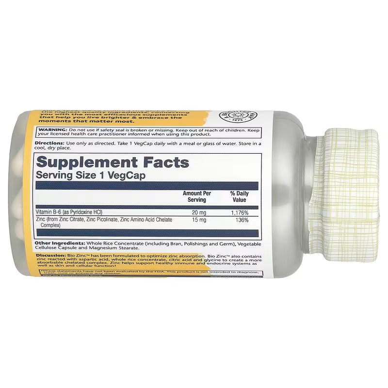Solaray Bio Zinc Supplement 15mg 100 VegCaps