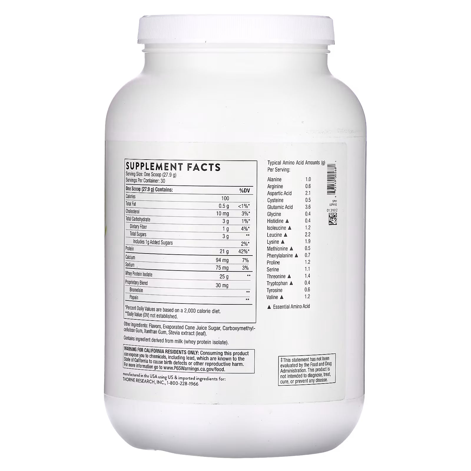 Thorne Whey Protein Isolate Vanilla 1.84 lb (837 g)