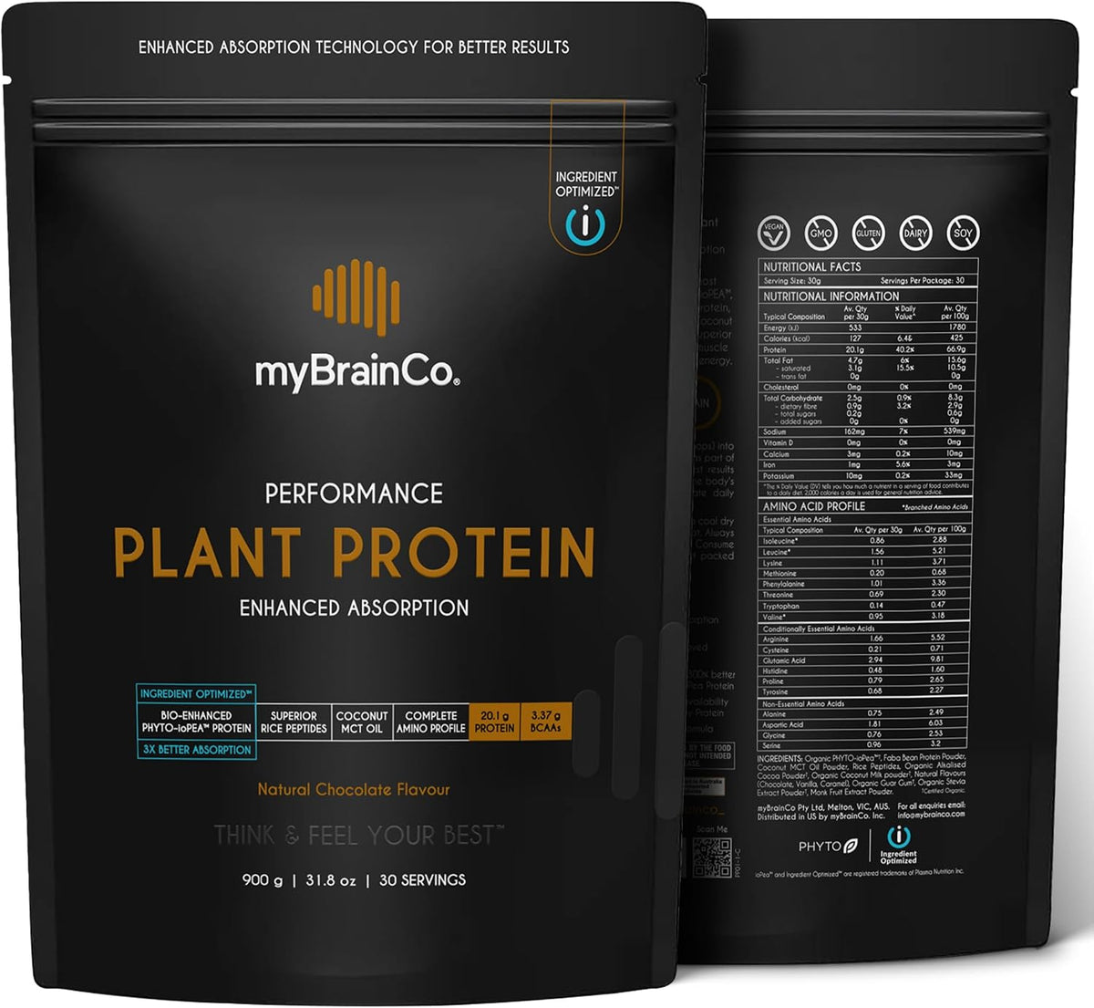 myBrainCo. Bio-Optimised Plant Protein Powder Natural Chocolate 900g (30 Servings)