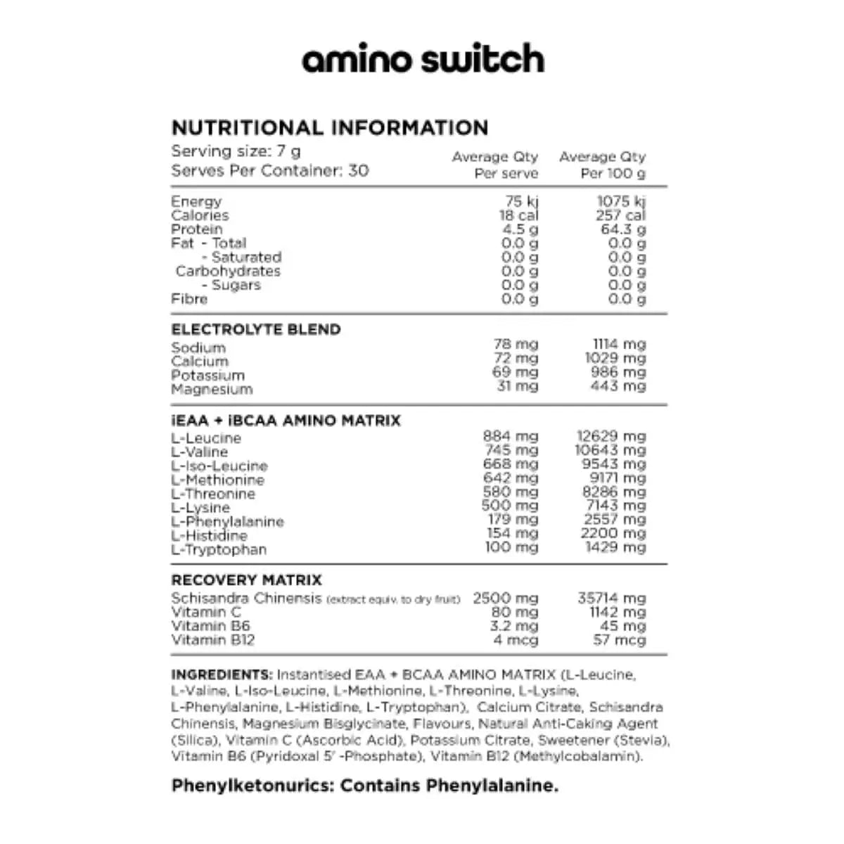 Switch Nutrition Amino Switch Lemonade BCAA and EAA Recovery Matrix 210 g