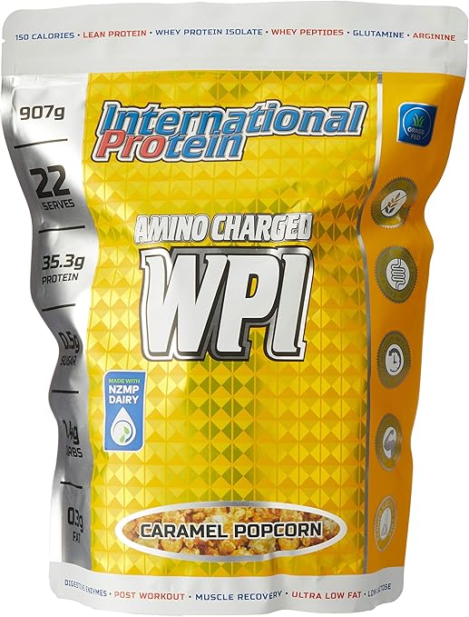 International Protein Amino Charged Caramel Popcorn Flavour Whey Protein Isolate Powder 907 g