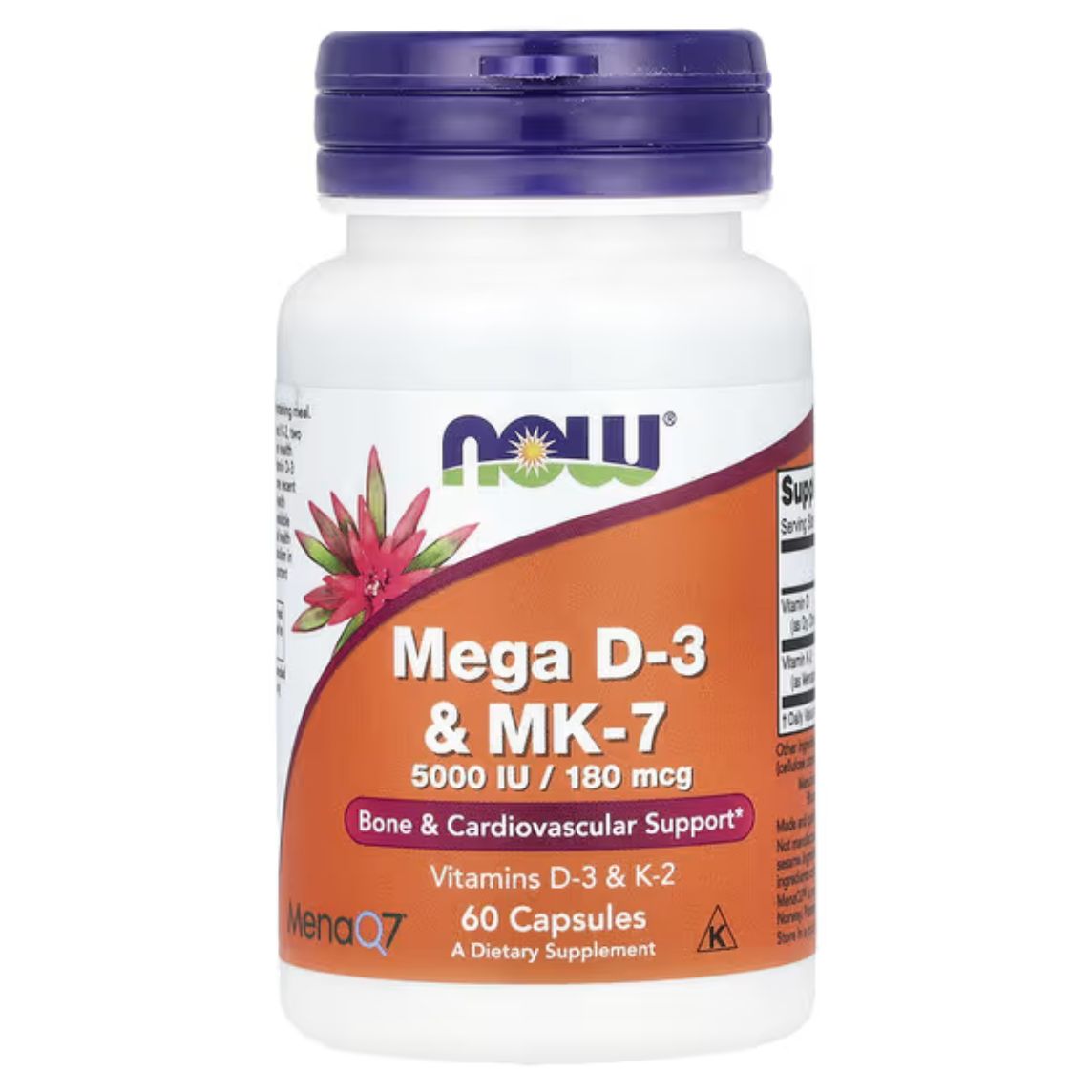 Now Foods Mega D-3 & MK-7 60 Capsules (5000iu / 180mcg)