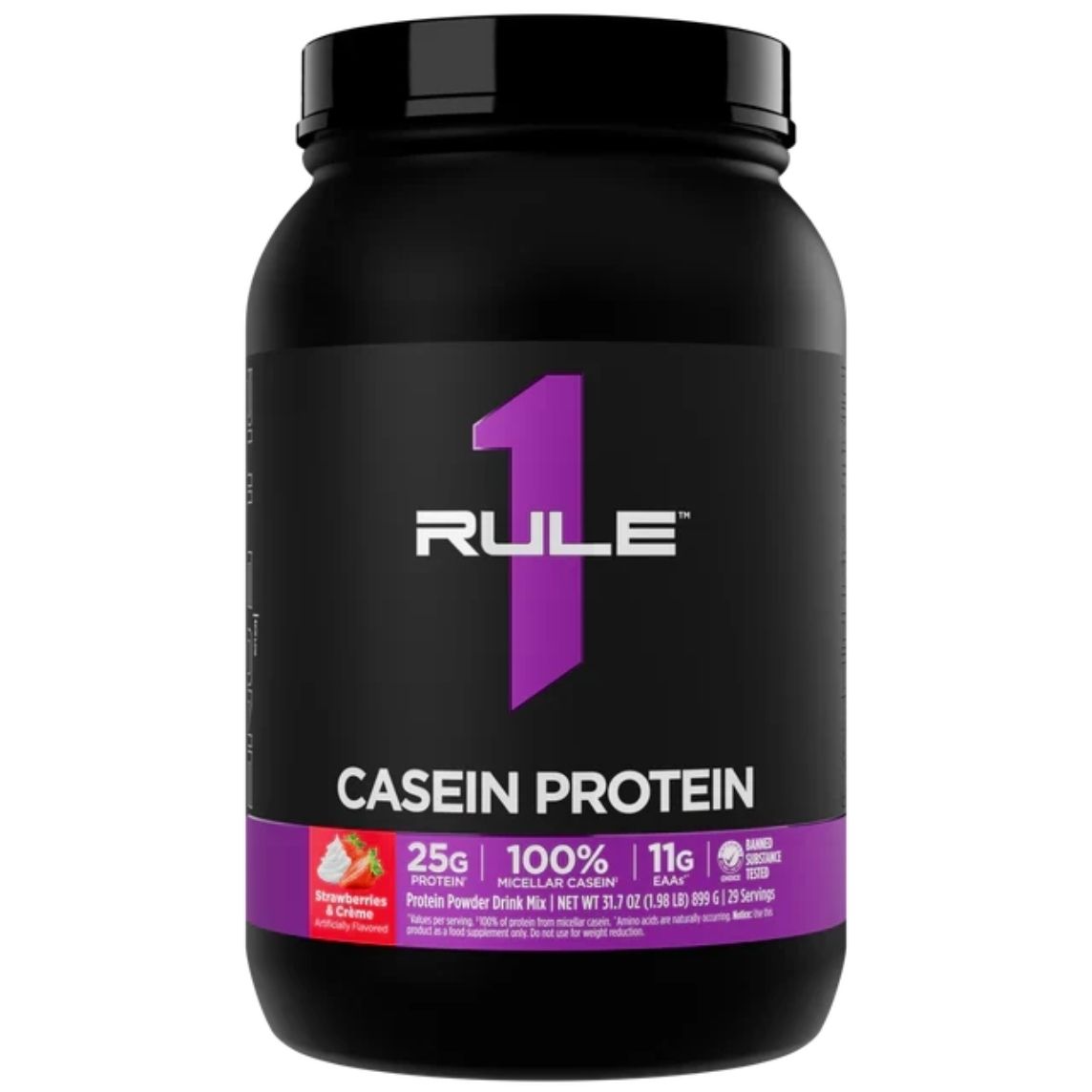 Rule1 R1 Casein Protein Strawberries & Creme 899gm **CLEARANCE UBD 09/2026**