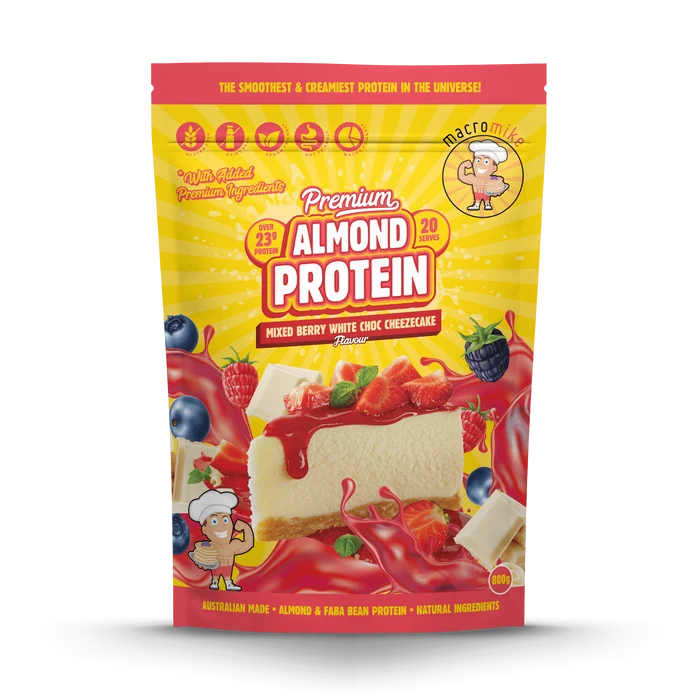 Macro Mike Premium Almond Protein Powder Mixed Berry White Choc Cheezecake Flavour 800 g